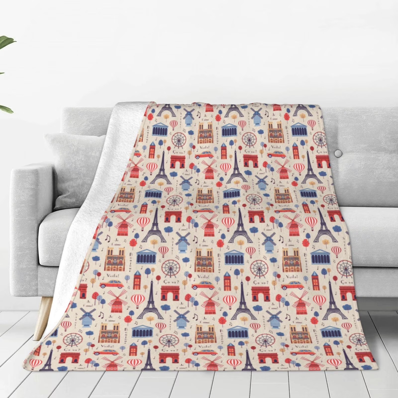 Home Textiles Paris - Paris Landmark Print Sherpa Fleece Throw